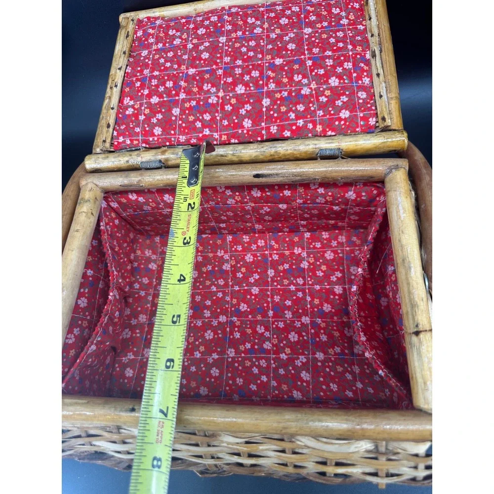 Vintage Wicker Sewing Basket Wood Handle Floral Lined Storage Box‎ Rustic Boho